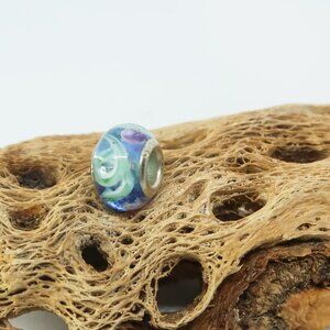 Blue and Teal European Glass Charm Bead with 925 Sterling Silver Core Center